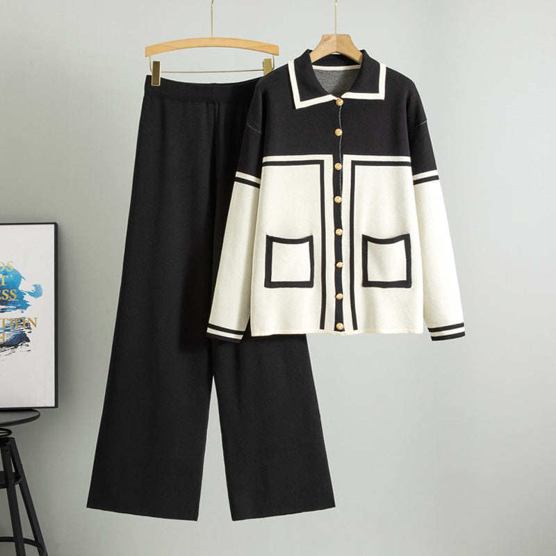 Women's Lapel Contrast Color Set Loose Knitted Fashion Casual Suit