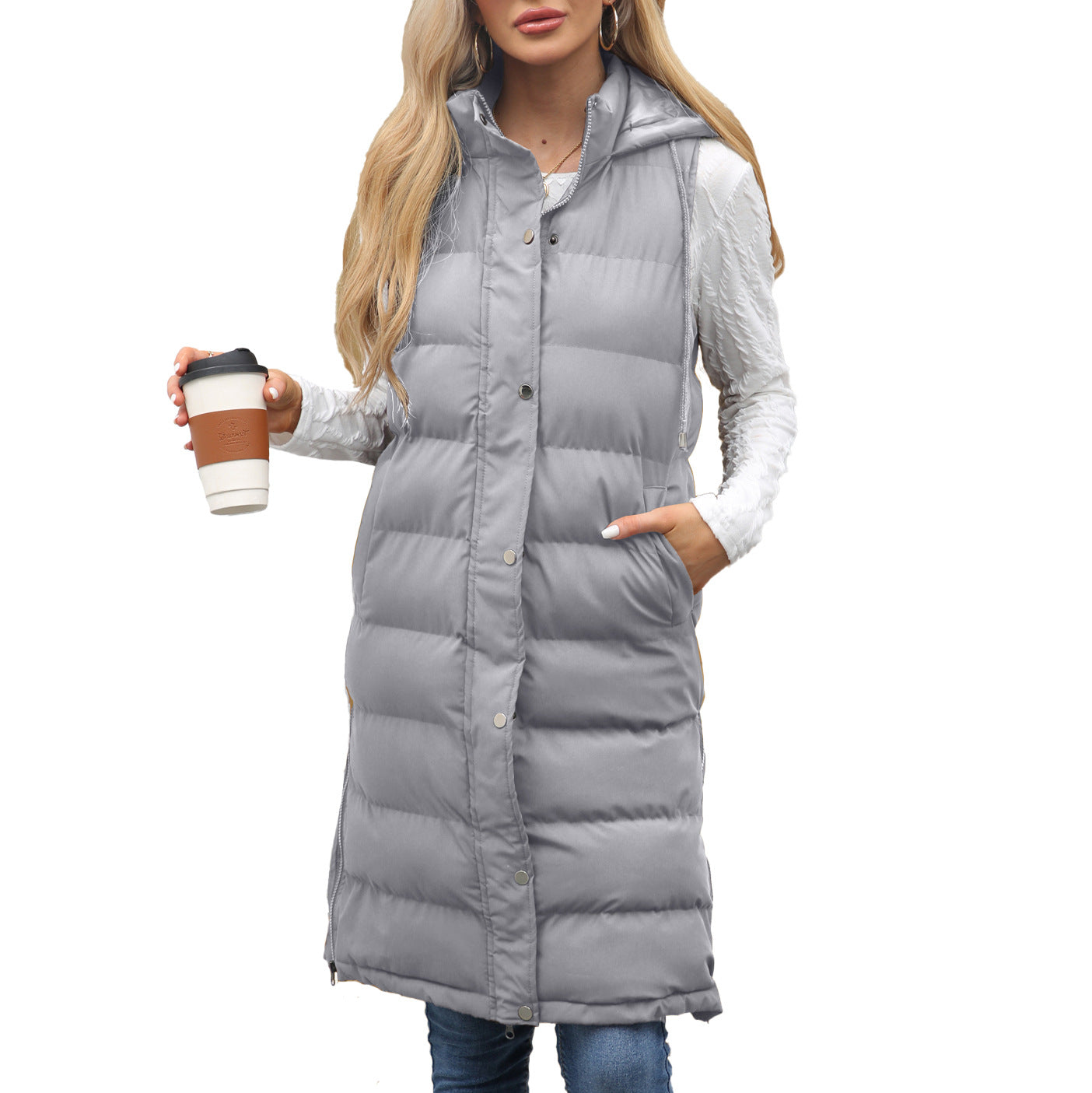 Women's Ladies Hooded Sleeveless Long Solid Color Vests