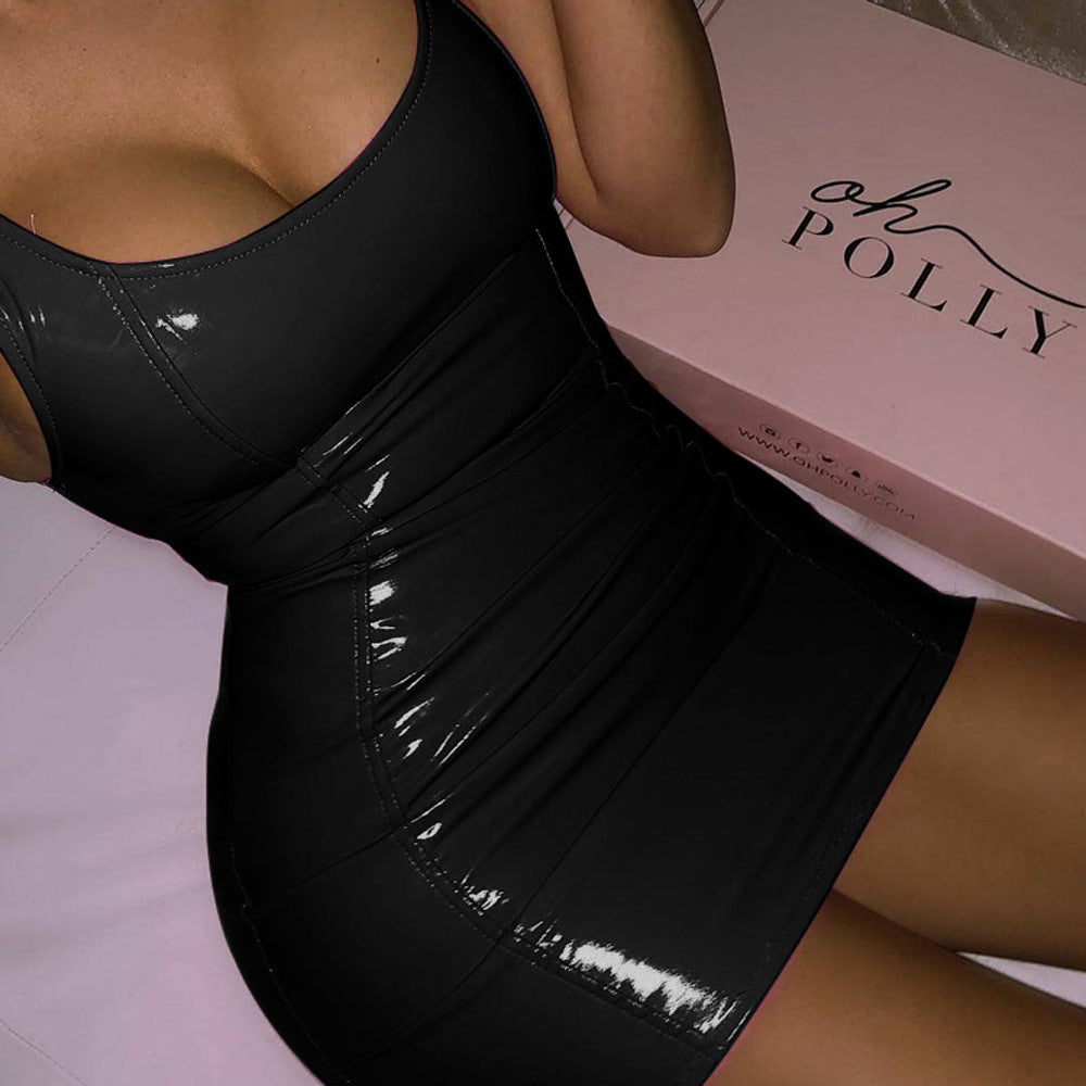Nightclub Party Sexy Sleeveless Sheath Imitation Leather Zipper High Elastic Skirts