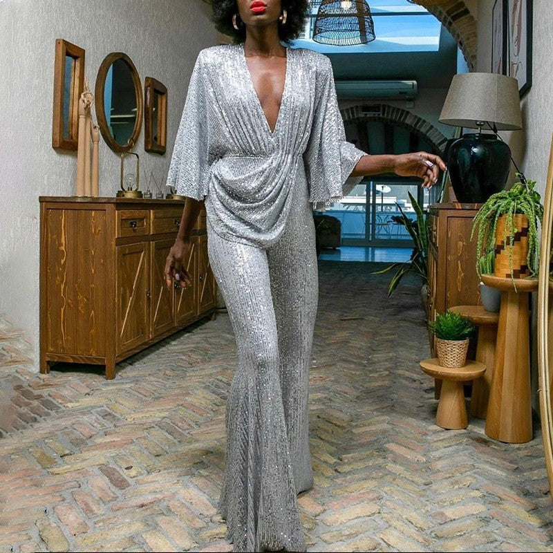 Women's Versatile Sequined Deep Backless Trousers Jumpsuits