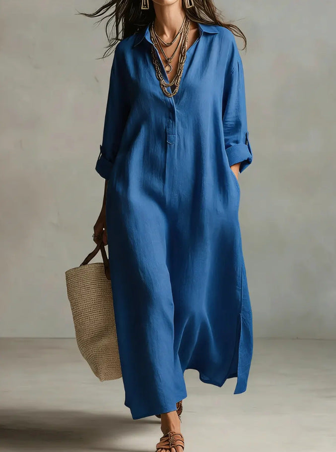 Cotton Linen Dress Solid Color Polo Collar Long Sleeve Fashion Casual Suit