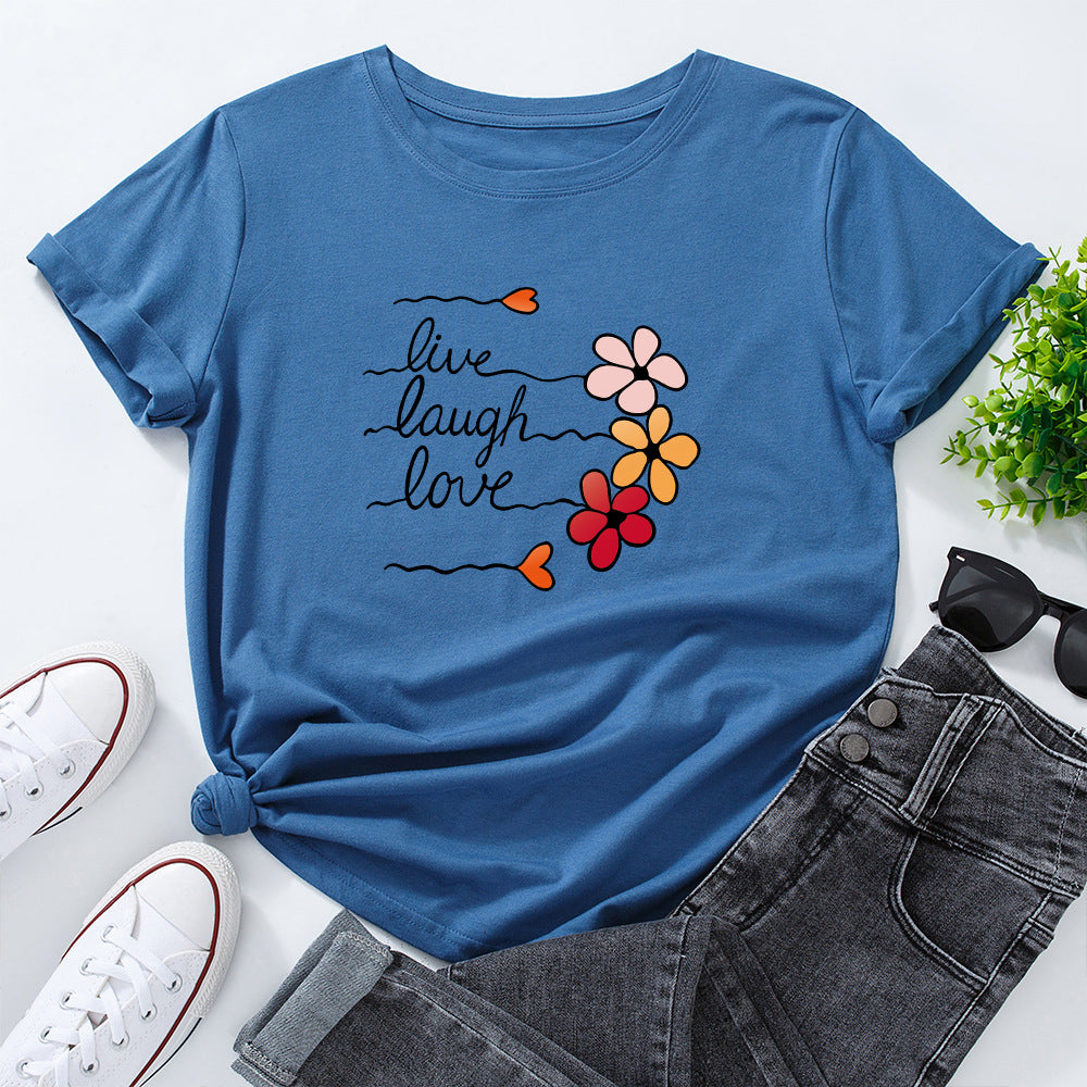 Women's Cotton Loose Round Neck Sleeve Women's T-shirt