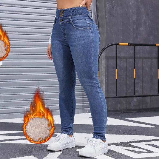 Women's Fleece-lined Elastic Skinny Blue Washed Slim Jeans