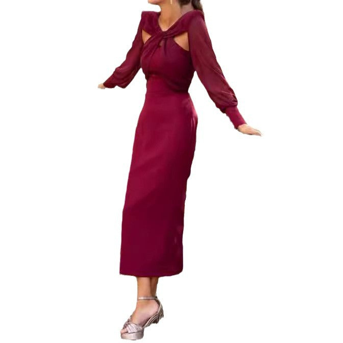 Women's Hollow Twist Stitching Long Sleeve Slim Dresses