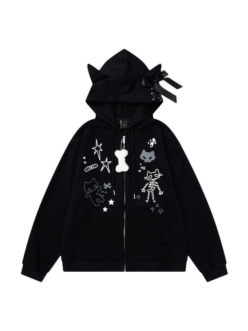 Style Cute Cat Gray Hooded Long Sleeve Sweaters