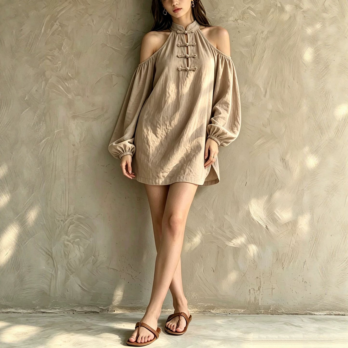Women's Autumn Show Shoulder Long Sleeve Solid Color Loose Dress