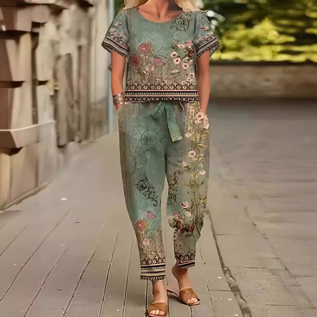 Sleeves Trousers Vintage Printed Bow Tie Temperament Fashion Casual Suit