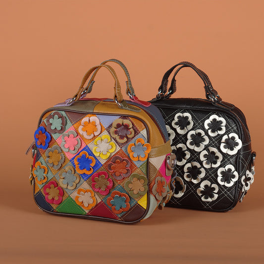 Women's Genuine Leather Hand Stitching Flower Colored Handbags