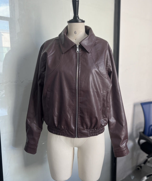 Temperament Lapel Tied Long Sleeve Leather Jackets
