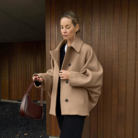 Women's Fashion High-grade Brown Woolen Lapel Batwing Sleeve Clothing