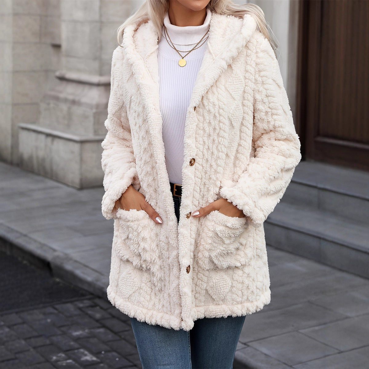 Hooded Solid Color Button Long Sleeve Women's Sweater, Sweater