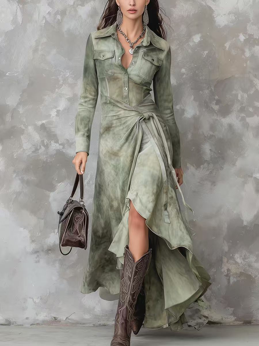 Printing Dyeing Long Sleeve Retro Light National Dresses