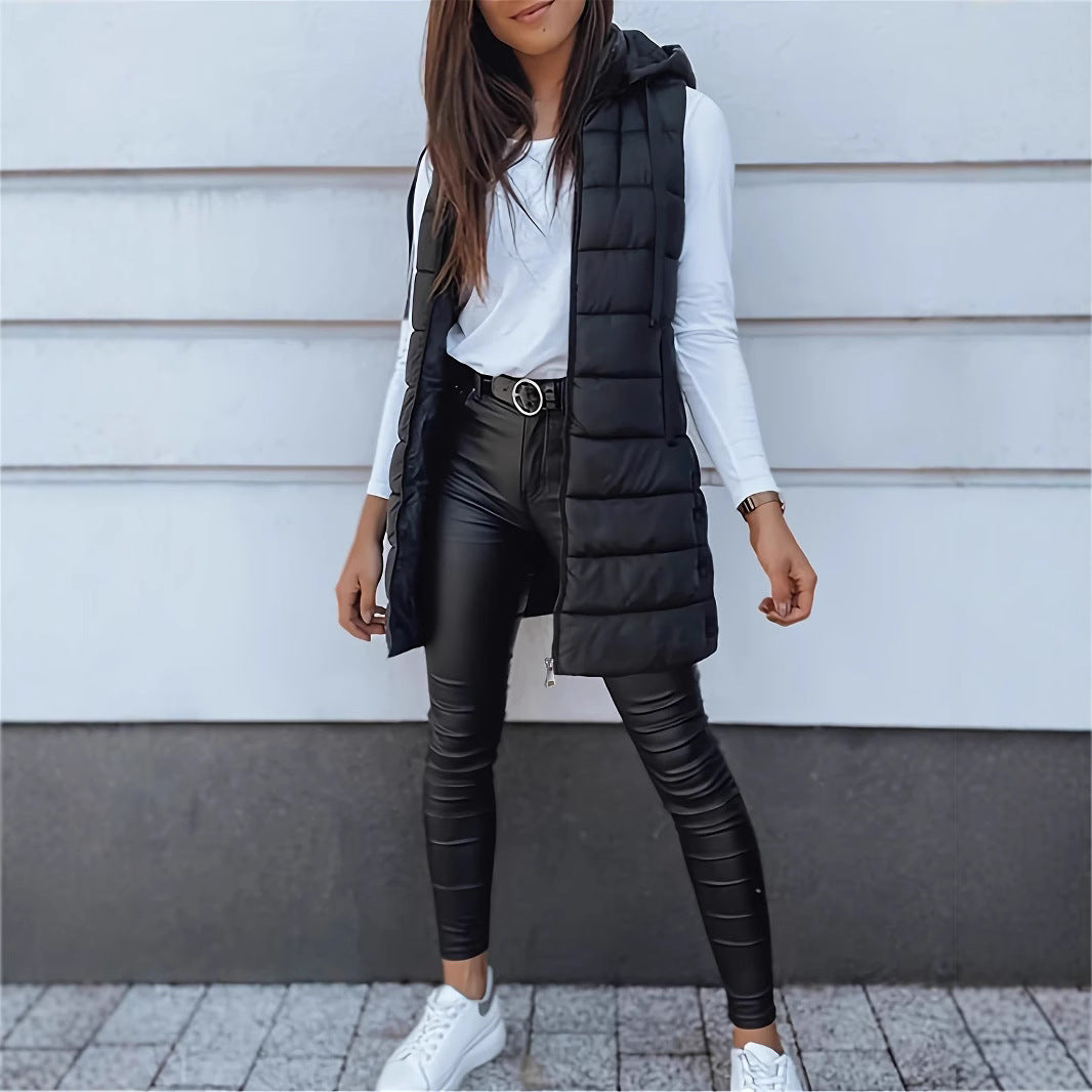 Women's Solid Color Hooded Zipper Cotton Mid-length Vests