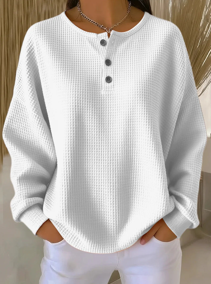 Round Neck Waffle Solid Color Pullover Women's Sweater, Sweater