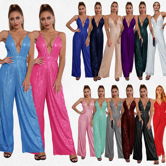 Women's Sequined Sleeveless Hot Deep Backless Sling Jumpsuits