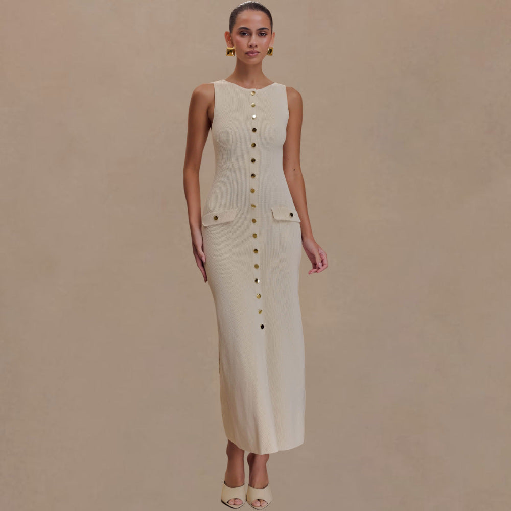 Slouchy Single-breasted Knitted Elegant Sleeveless Floor Dress
