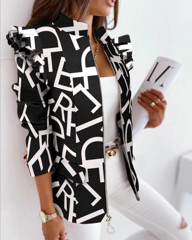 Women's Ruffled Long Sleeve Zipper Print Small Suit