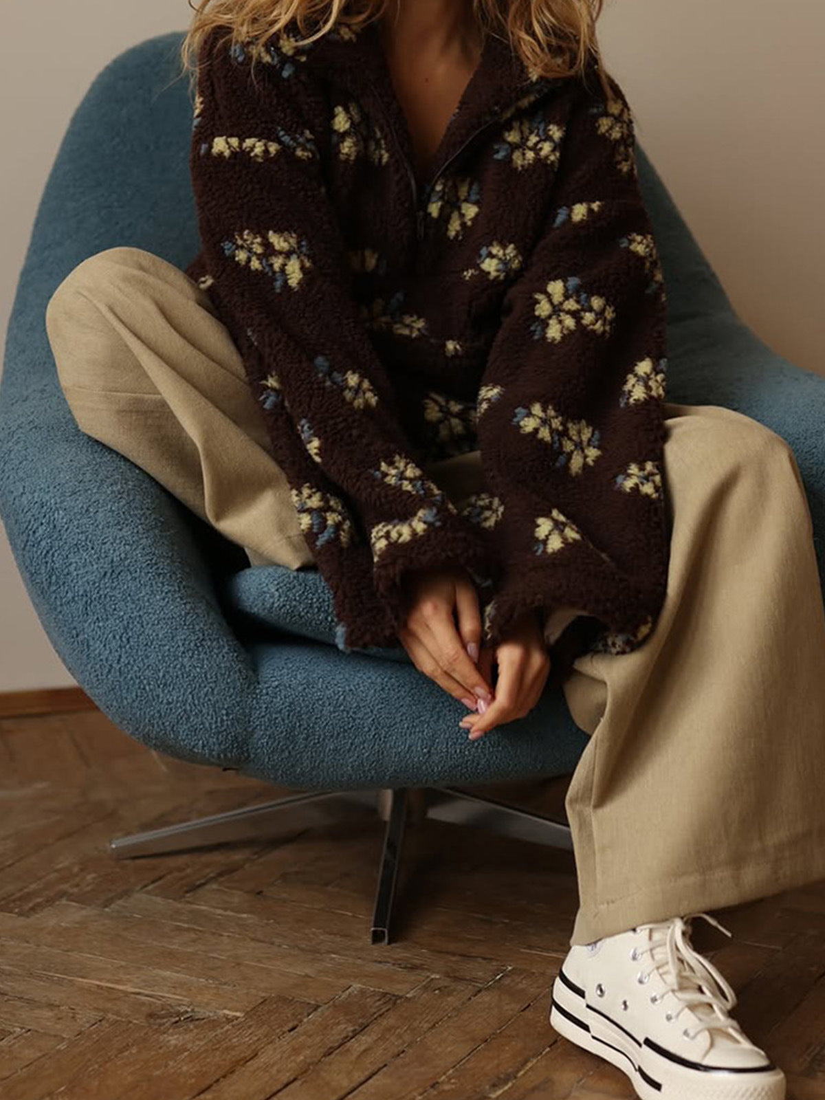 Floral Loose Fleece Shirt Fashion Zipper Pocket Sweaters