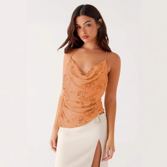 Sequined Summer Sleeveless Back Strap Sexy Backless Tops