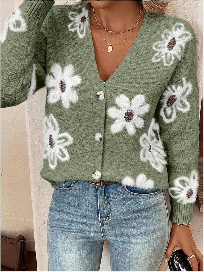 Durable Casual Flowers Print Button Front Sweaters