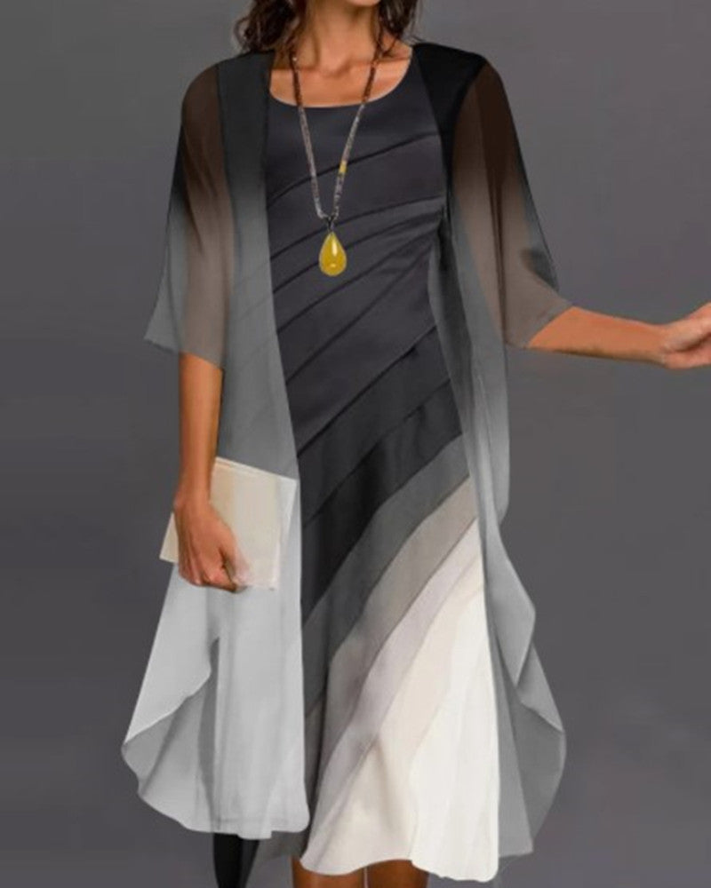 Elegant Gradient Print Dress Two-piece Set Fashion Casual Suit