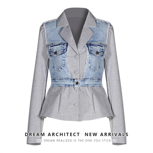 Denim Stitching Gray Autumn Design Sense Blazers
