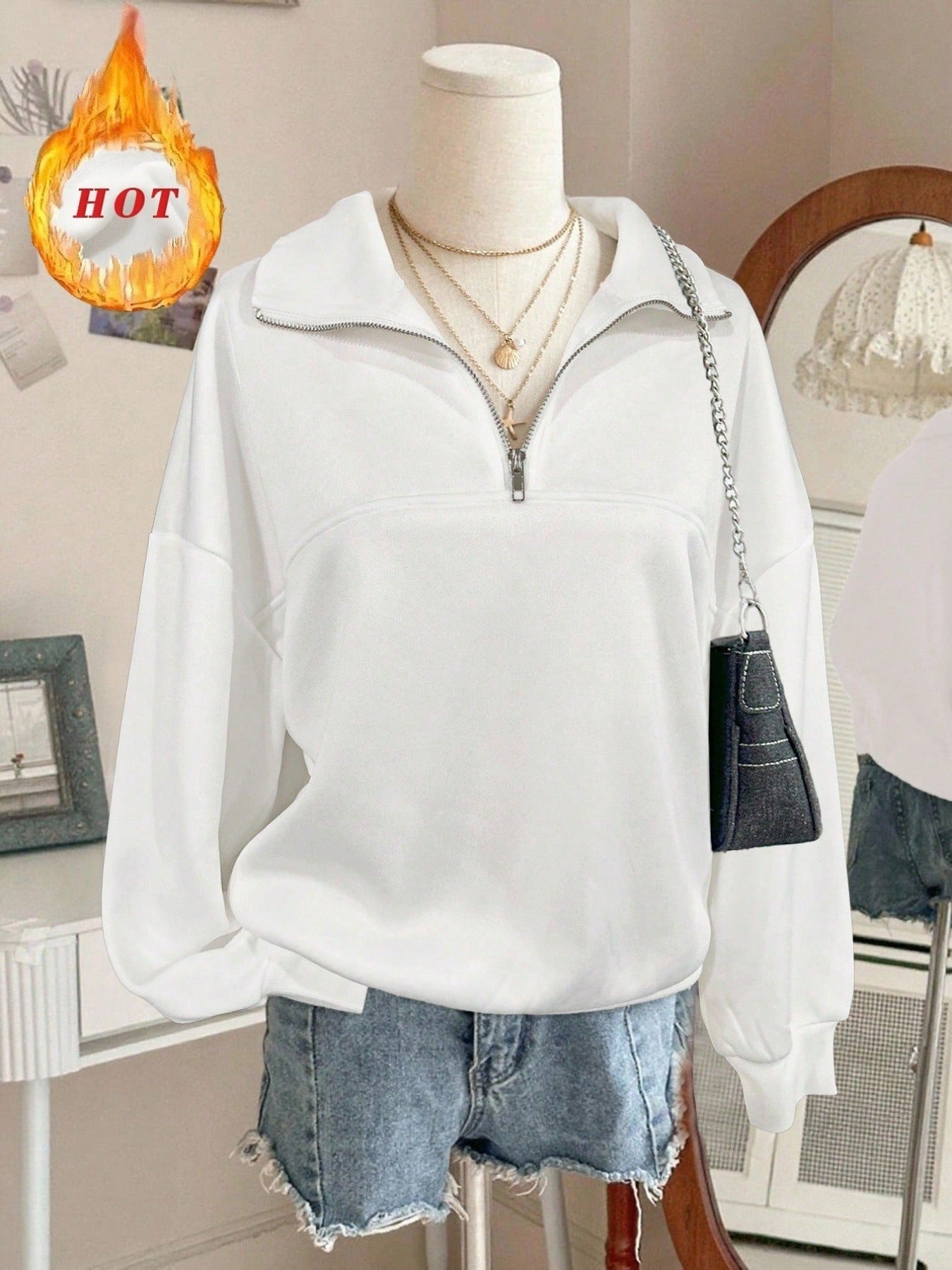 Back To School Casual Long Sleeve Lapel Half Loose Women's Sweater, Sweater