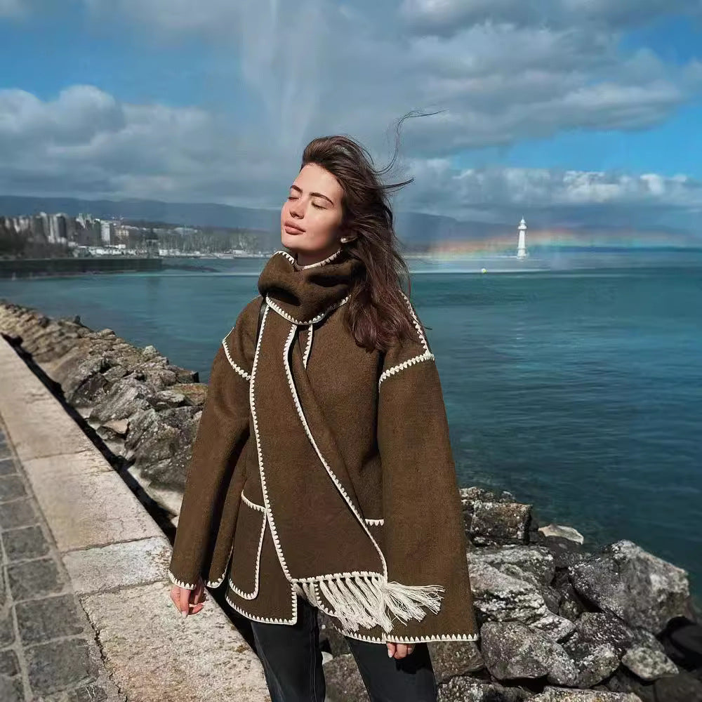 Women's Fashion Woolen Thick Loose With Scarf Coats