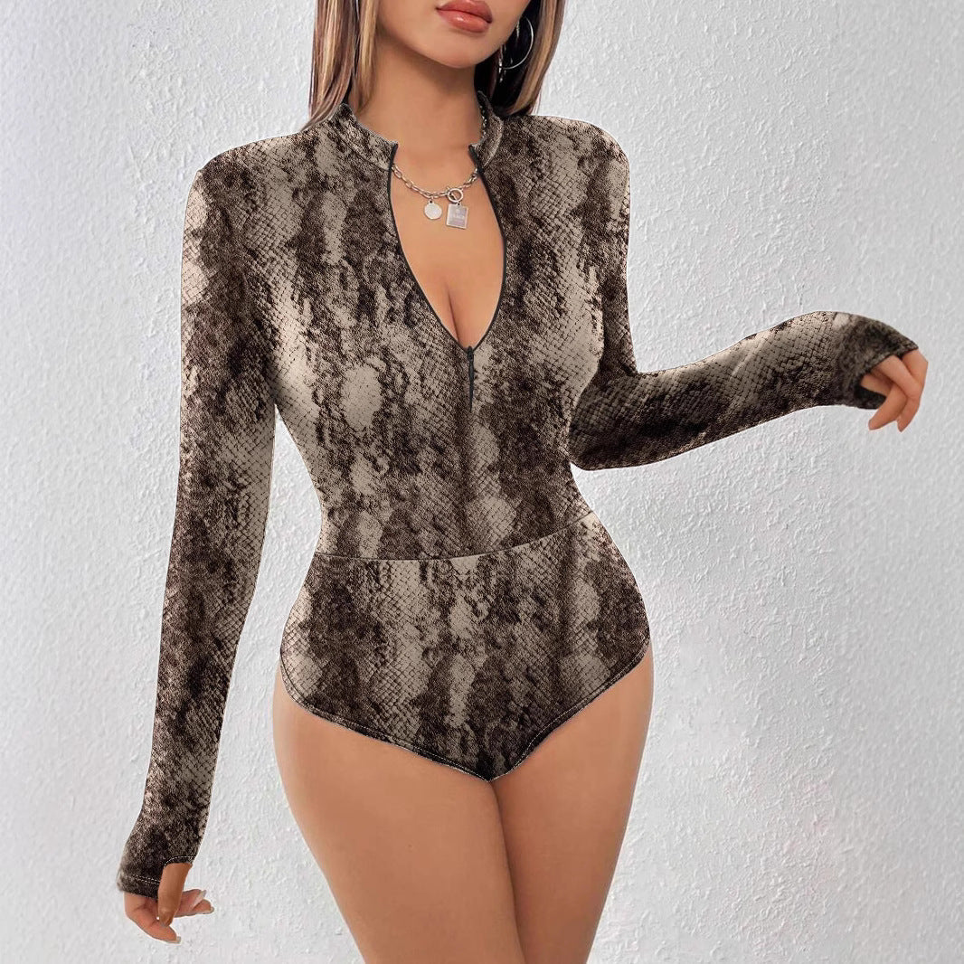 Women's Sexy Tight Finger Long Sleeve Zipper Women's Jumpsuit/clothing
