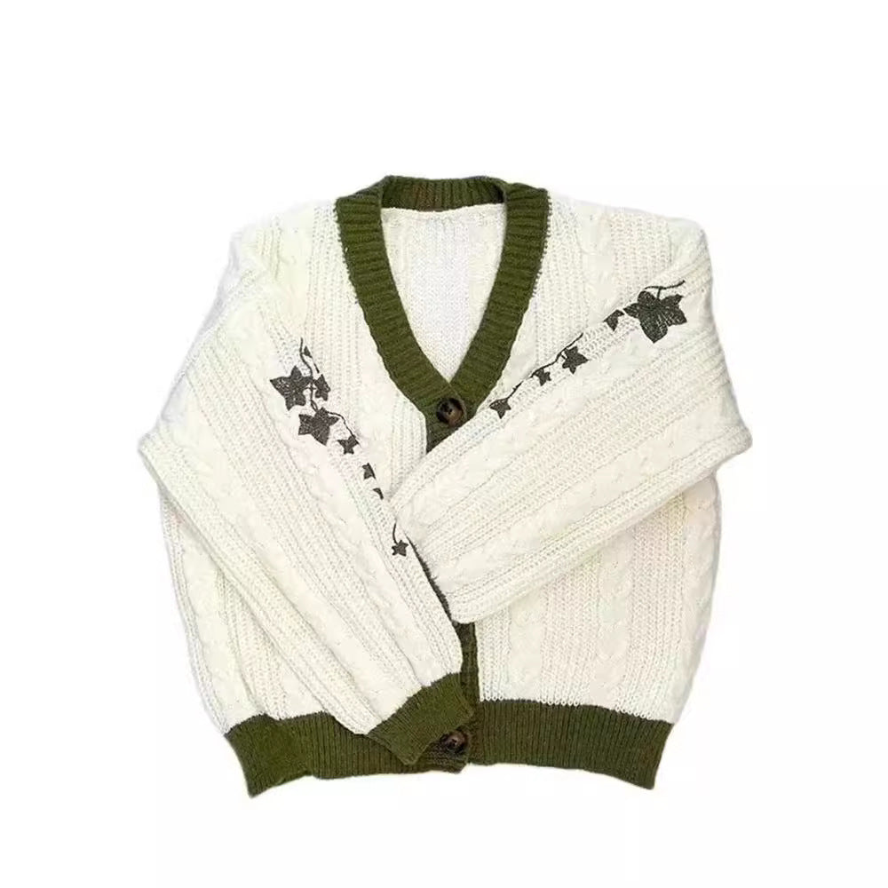 Women's Leaf Embroidery Lantern Sleeve Loose Casual Sweaters