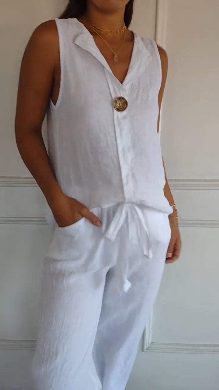 Women's Fake Collar Cotton Linen Sleeveless Casual Women's T-shirt