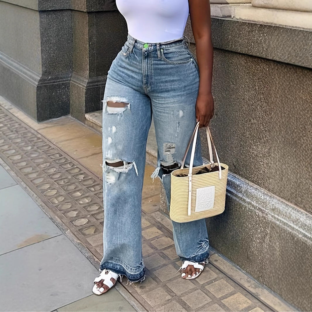 Women's Light Color Water Scrubbing Ripped Style Loose Jeans