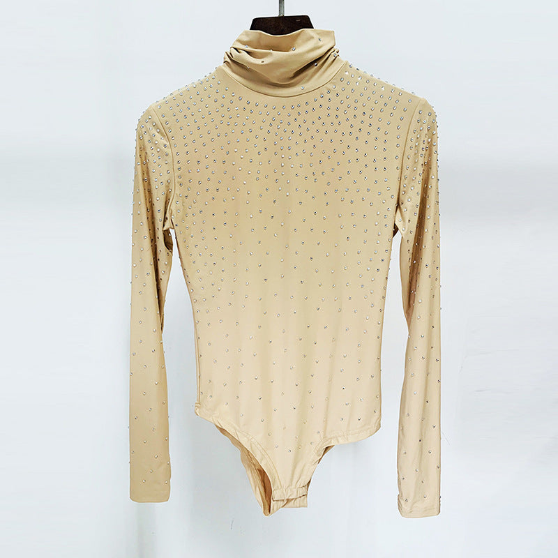 Rhinestone Stretch Turtleneck Bottoming Shirt Pleated Leggings