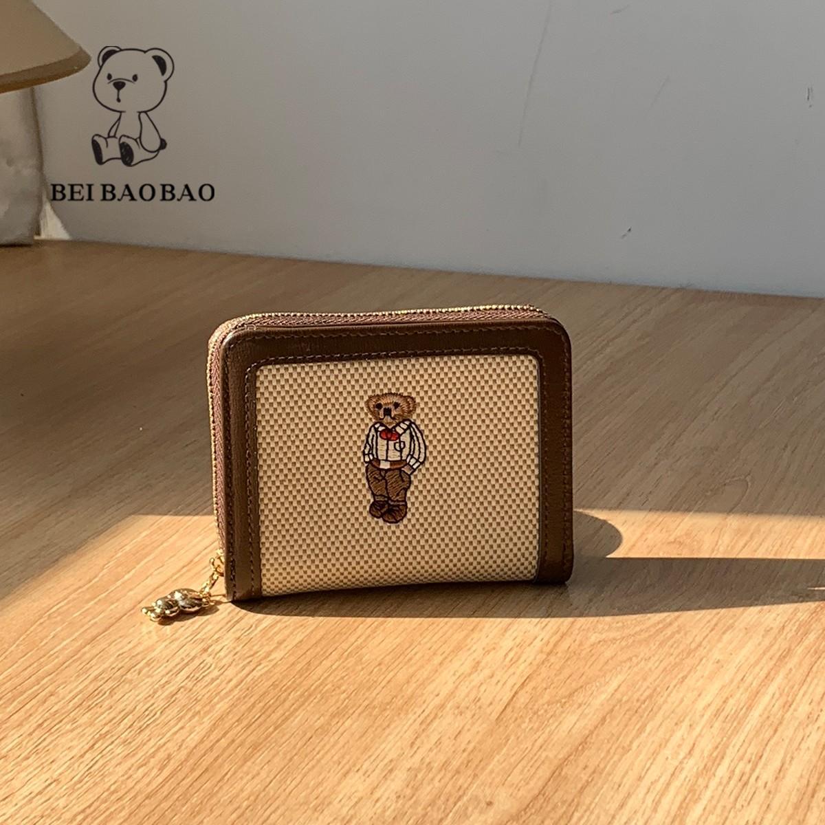 Women's Large Capacity Bear Embroidery Canvas Folding Ladies Wallets