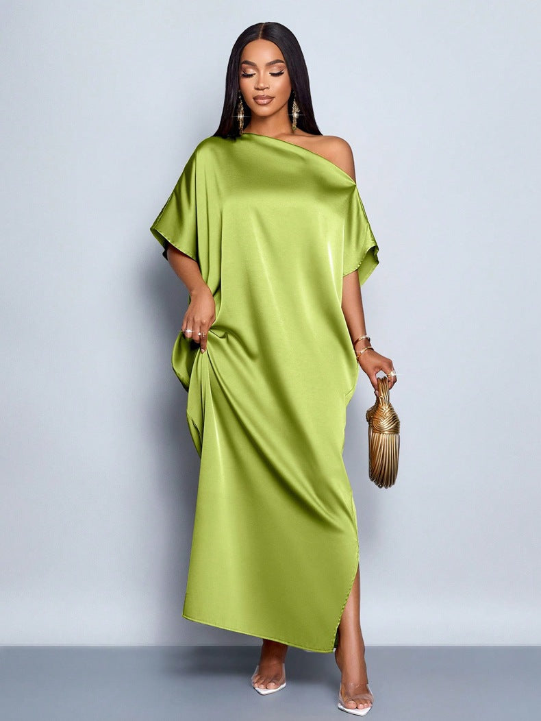 Women's Early Autumn Satin Dress Yellow Long Dresses