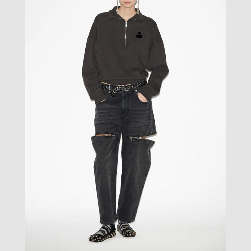 Women's French Minority Classic Flocking Half Turtleneck Zipper Chest Sweaters