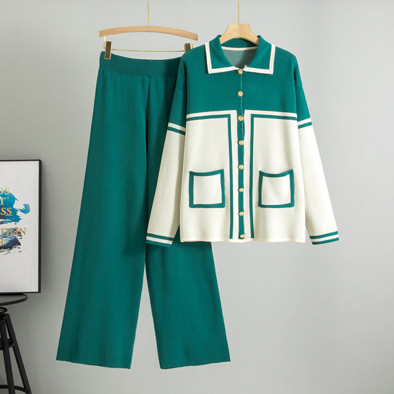 Women's Lapel Contrast Color Set Loose Knitted Fashion Casual Suit