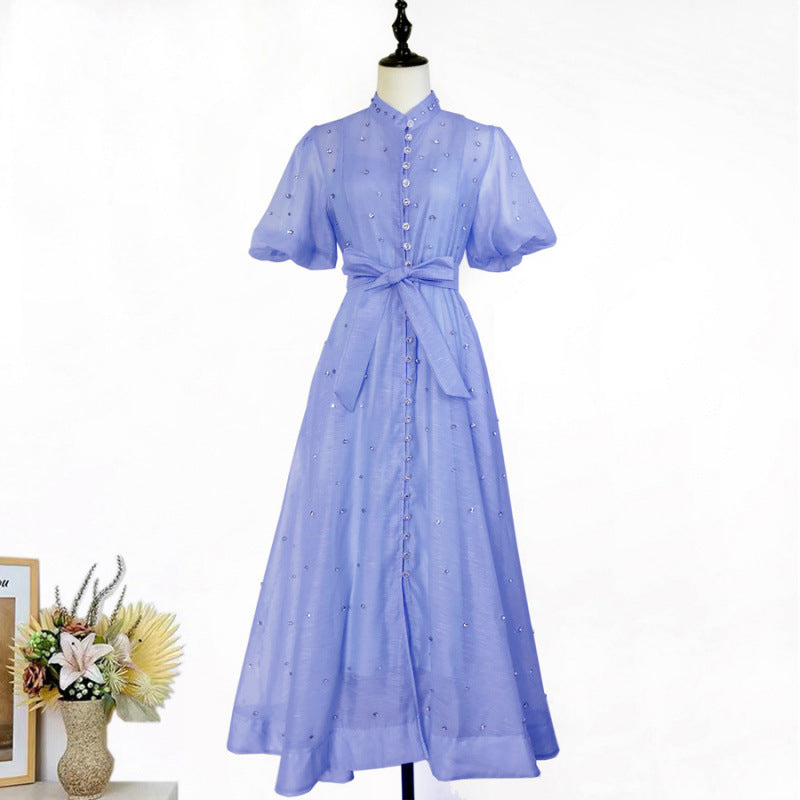 Women's Single-breasted Stand-up Collar Puff Sleeve Dress Dresses
