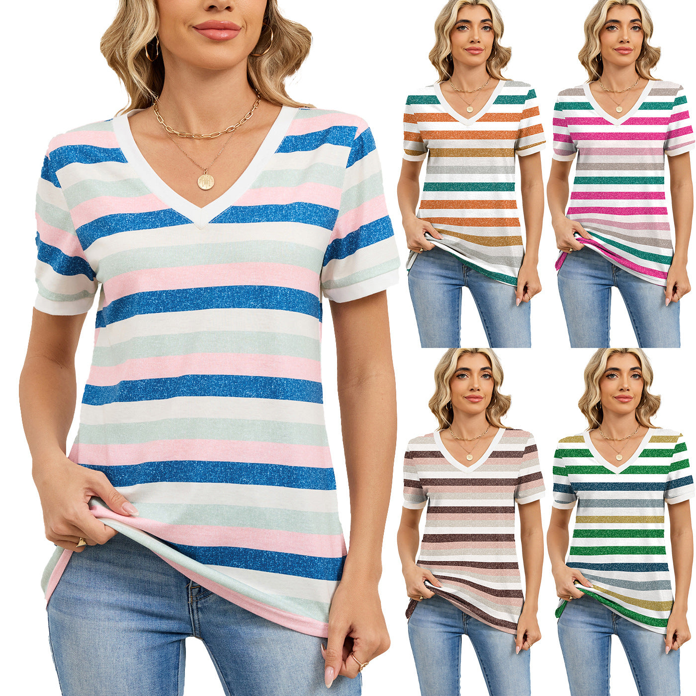 Attractive Striped V Neck Loose Sleeve Shorts