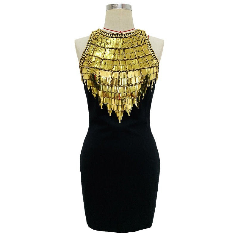 Fashion Metal Sheet Beads Rhinestones Sexy Dress