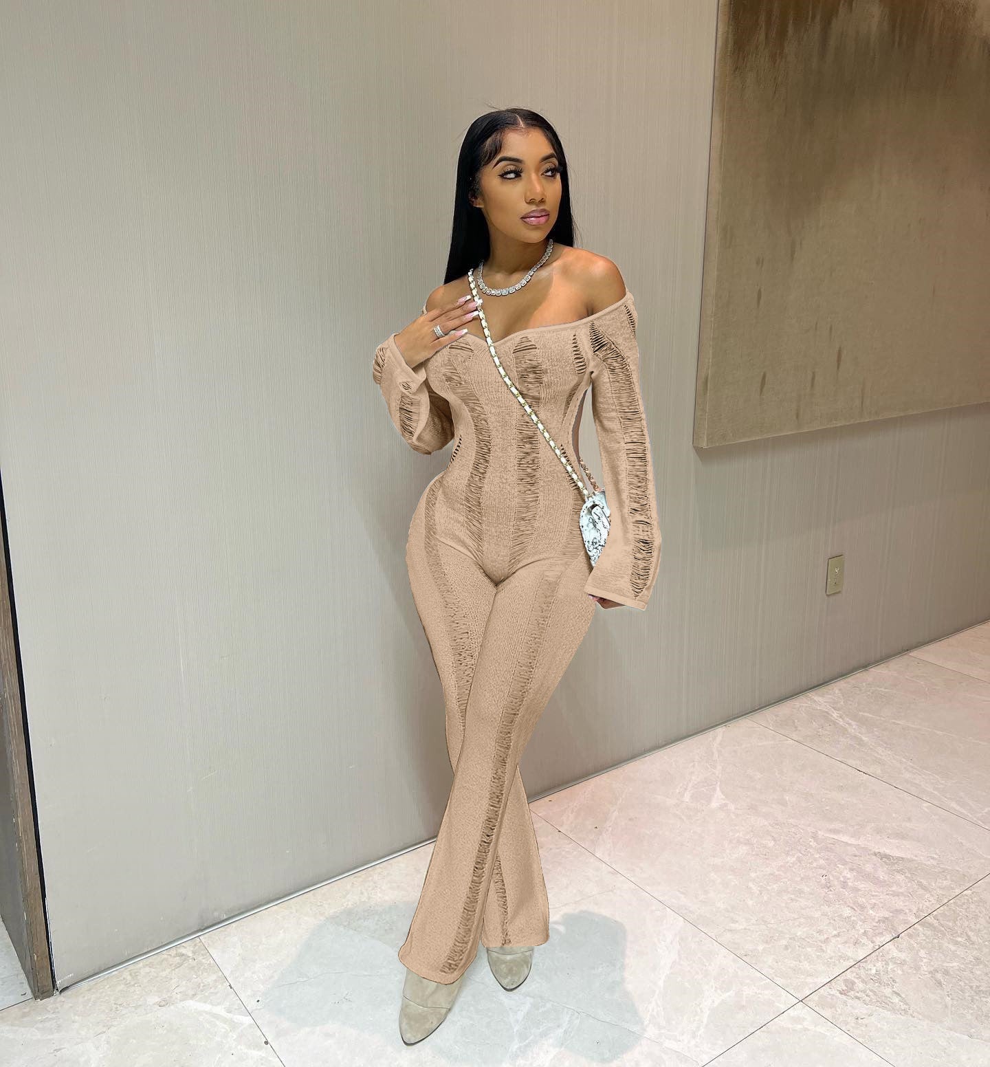 Women's Sexy Cutout Thin Long-sleeved Trousers Back Jumpsuits