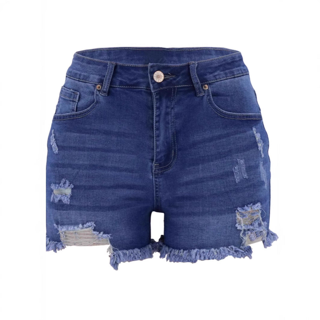 Women's Denim High Waist Elastic Hole Shorts