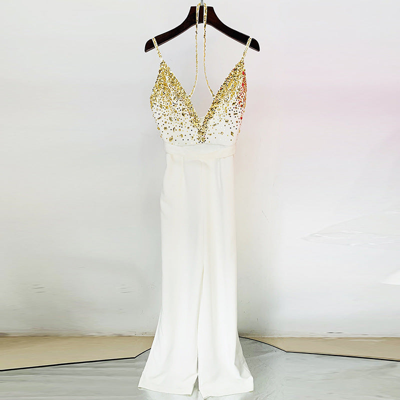 Fashion Handmade Beaded Sequins Sexy V Sling Women's Jumpsuit/clothing