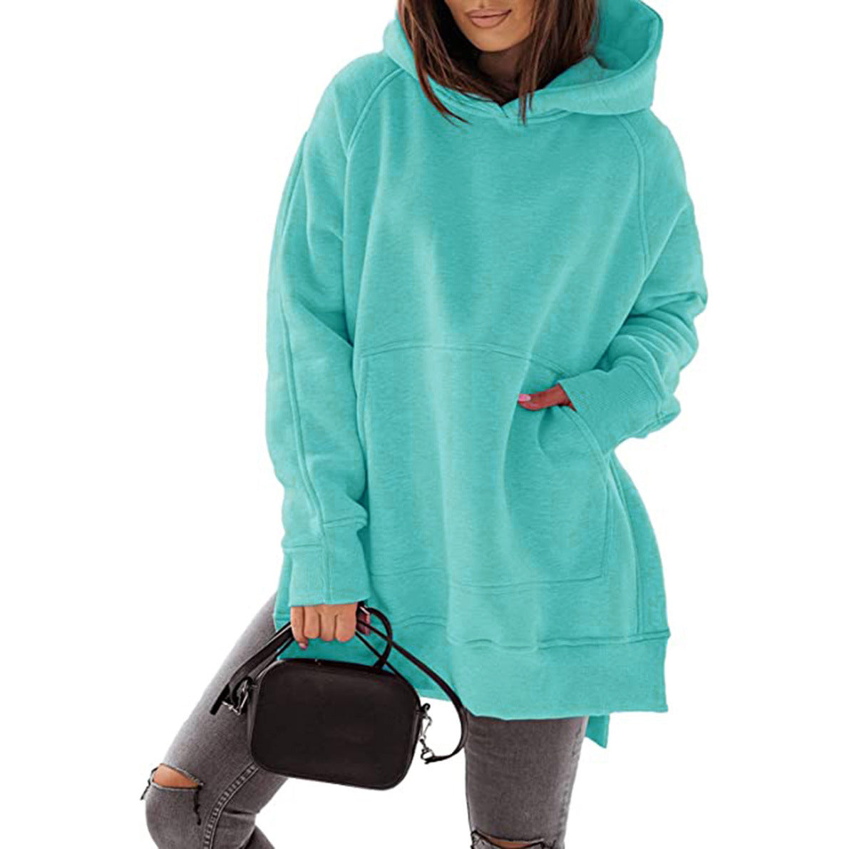 Women's Sleeve Round Neck Fleece-lined Solid Color Pocket Loose-fitting Women's Sweater, Sweater
