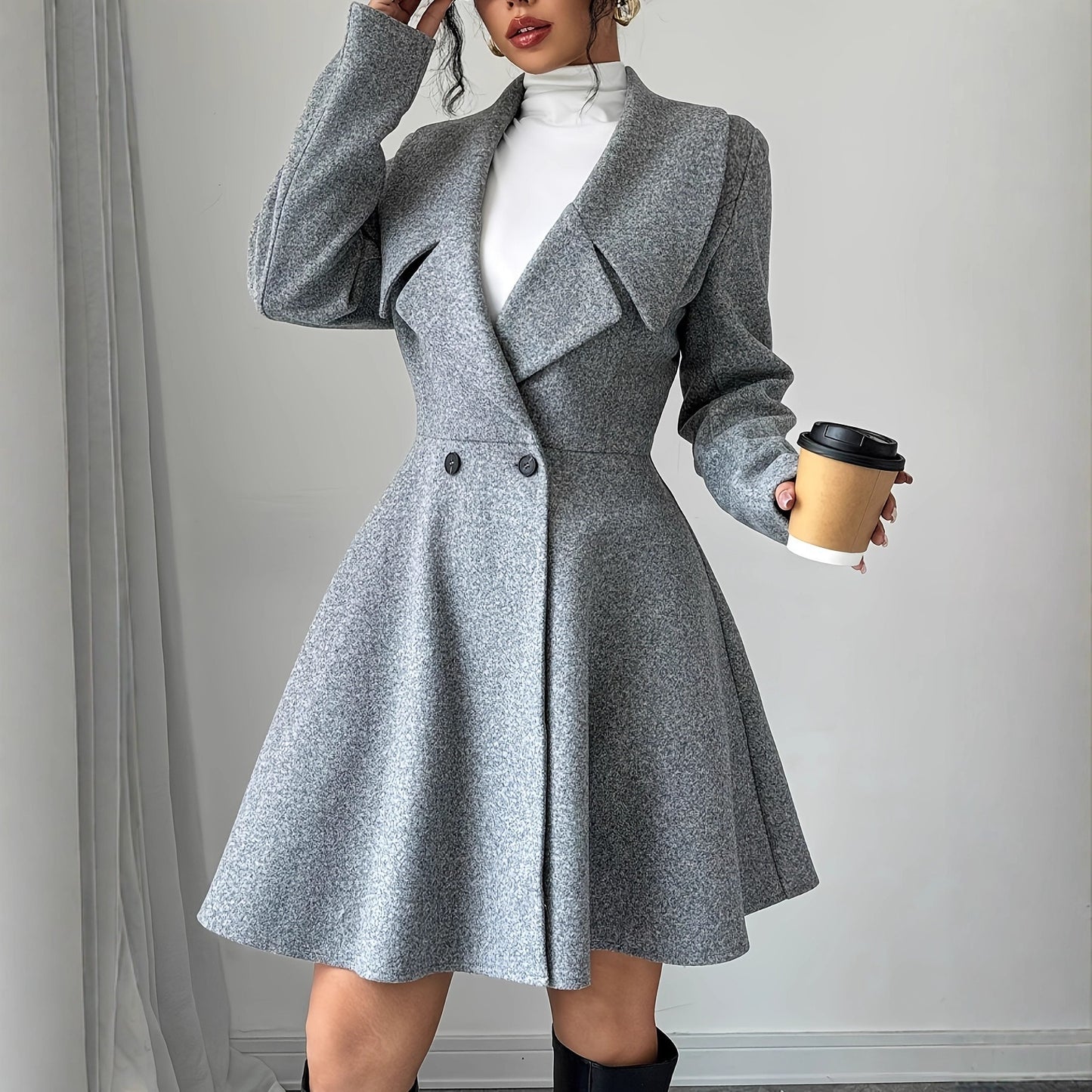 Women's Woolen Overcoat Fashion Polo Collar Texture Coats