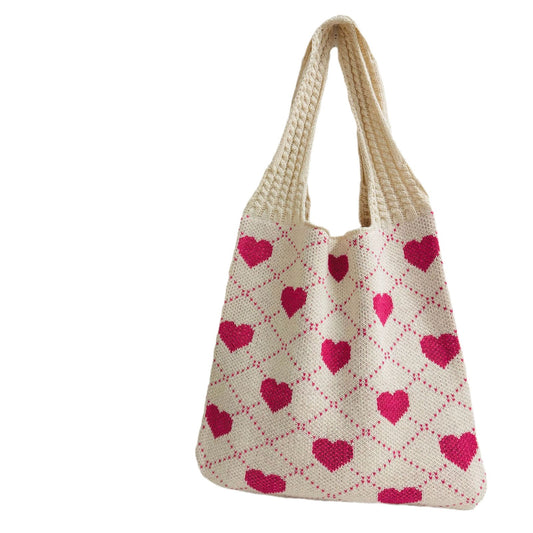 Women's Shopping Knitted Love Pattern Woven Shoulder Bags