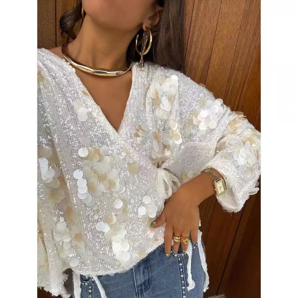 Women's Sequined Long Sleeve Baggy Fashion Blouses