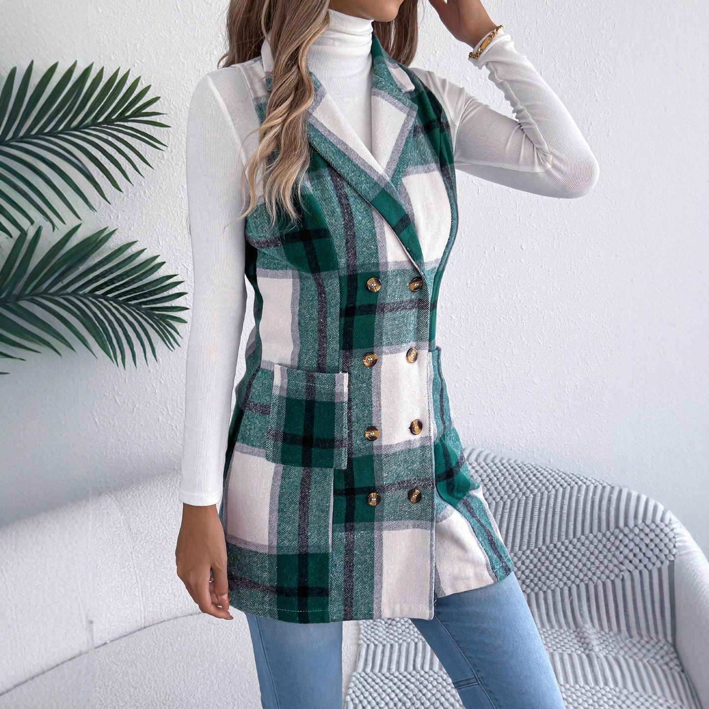 Women's Plaid Double Breasted Pocket Woolen Long Vests