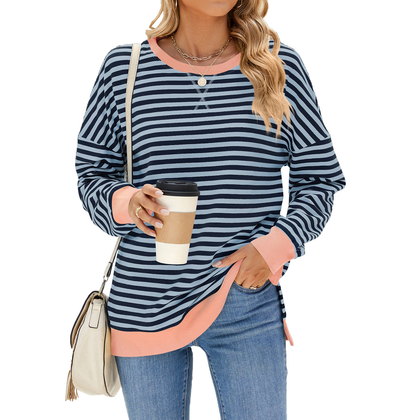 Women's Round Neck Split Long Sleeve Loose Striped Women's Sweater, Sweater