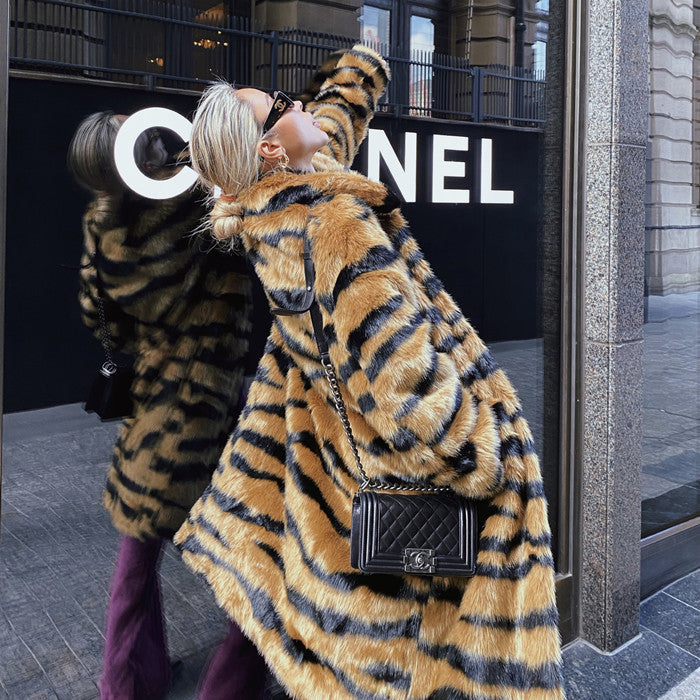 Imitation Tiger Pattern Lengthened Artificial Loose Coats